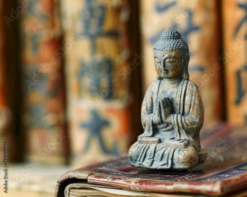 Buddha Statue in China, A serene symbol of spirituality and ancient Asian culture, sculpture embodies peace and meditation against book backdrop