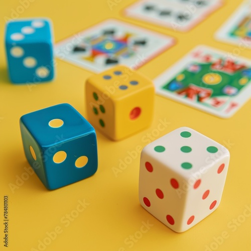 Four dice and four cards on yellow background and table  symbolizing luck and gambling