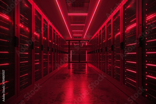 Futuristic Data Center with Red LED Lighting, High-Tech Server Room Infrastructure