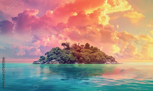 Tropical Island Sunset Over Ocean Waves, Colorful Sky and Sea