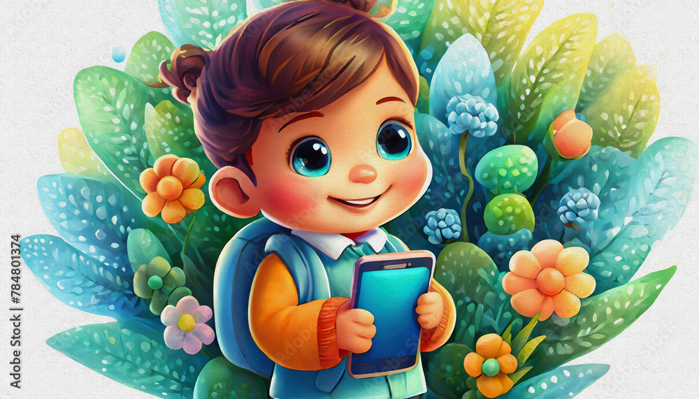 CARTOON CHARACTER CUTE BABY hold CELL PHONE isolated on white background, top view. side front CARTOON CHARACTER CUTE BABY hold CELL PHONE isolated on white background, top view. side front