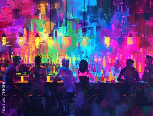 Colorful nightclub bar with crowd silhouettes, illustration © Jira