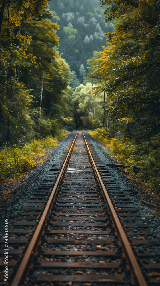 A train track in the woods with trees on either side