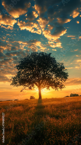 A tree is silhouetted against a beautiful sunset sky
