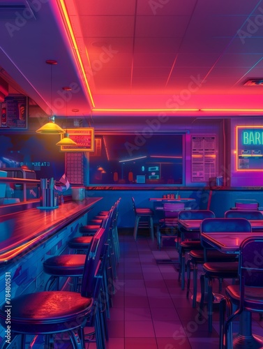 Pop art of a classic diner at night with a neon light, illustration wallpaper © Jira