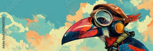 Pop art of a hornbill with vintage aviator goggles, illustration wallpaper photo