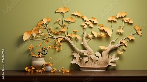 Ginkgo biloba relic tree in miniature style. Yellow leaves, delicate green background. Bonsai. Chinese and Asian culture. Medicinal plants. Background, banner, poster, advertisement