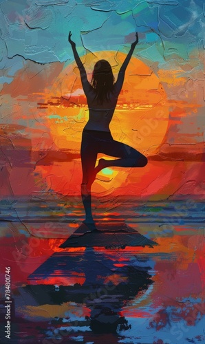 Silhouetted person yoga against sunset, freedom, joy and the beauty of nature, phone wallpaper