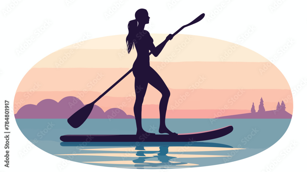 Vector illustration of stand up paddling female sil