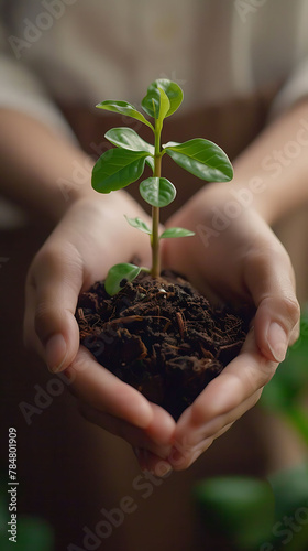 Human hands holding sprout young plantenvironment Earth Day In the hands of trees growing seedlings