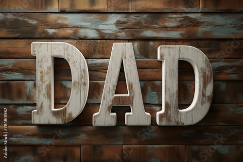 DAD in white color written on wooden grain background with 3d letters