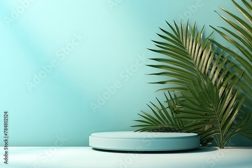 Cyan background with shadows of palm leaves on a cyan wall, an empty table top for product presentation. A mockup banner