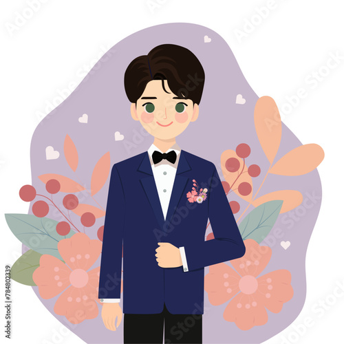 Happy and joyfull portrait of young groom in blue and black suit. Vector flat style illustration