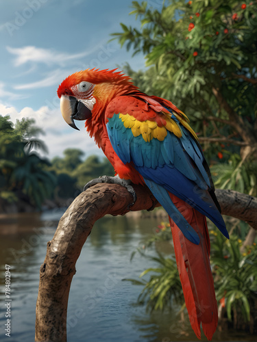 A large multi-colored Makau parrot, sitting on a tree branch by the lake
