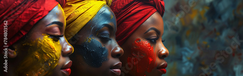 Proud african women celebrating heritage: three black women with vibrant face paint and headscarves for black history month. Panoramic header or banner