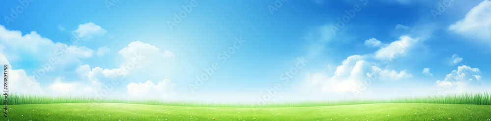 Beautiful spring summer natural landscape. Green meadow grass and flowers on blue sky background with clouds on warm sunny day. Colorful bright nature panoramic banner.