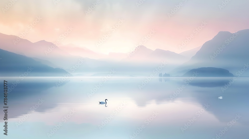 Fototapeta premium A tranquil lake surrounded by mountains at dawn, the sky painted in soft pastel colors
