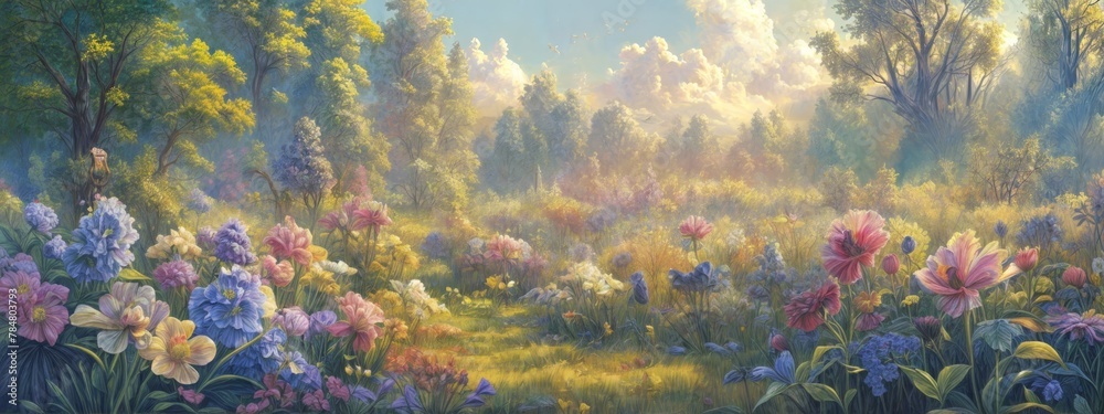 Impressionist Floral Landscapes, ethereal light, with a focus on blooming flowers and a sense of depth created by the play of light and shadow. Postcard, banner, poster - obrazy, fototapety, plakaty 