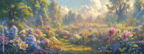 Impressionist Floral Landscapes, ethereal light, with a focus on blooming flowers and a sense of depth created by the play of light and shadow. Postcard, banner, poster