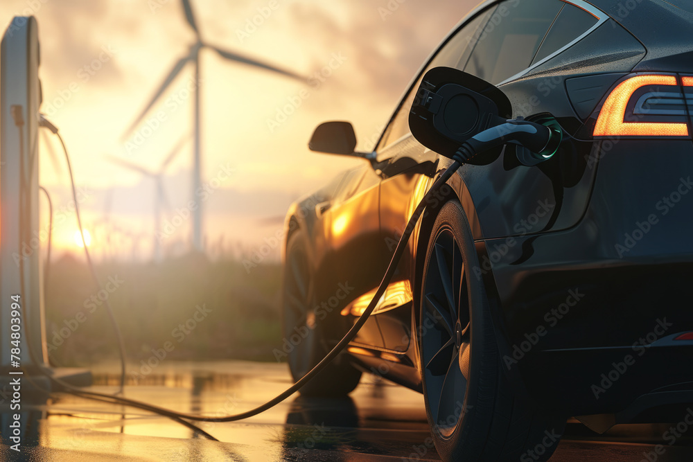 Charging a car against the background of windmills and sunset.
