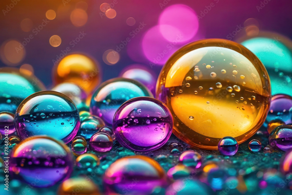 Bright background, rainbow colored bubbles. Bokeh effect, sun glare, vibrant colors.