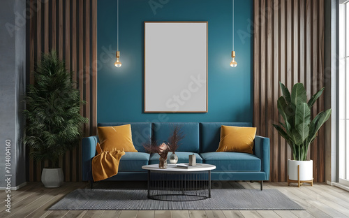 mock up poster frame in modern interior background, living room, Scandinavian style, 3D render, 3D illustration