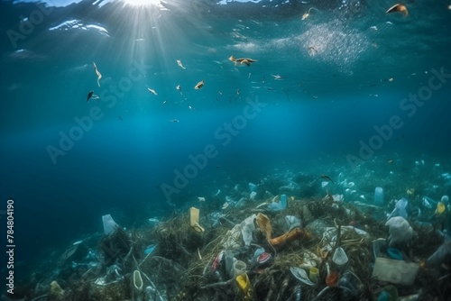 A photo of a body of water with plastic debris floating in it