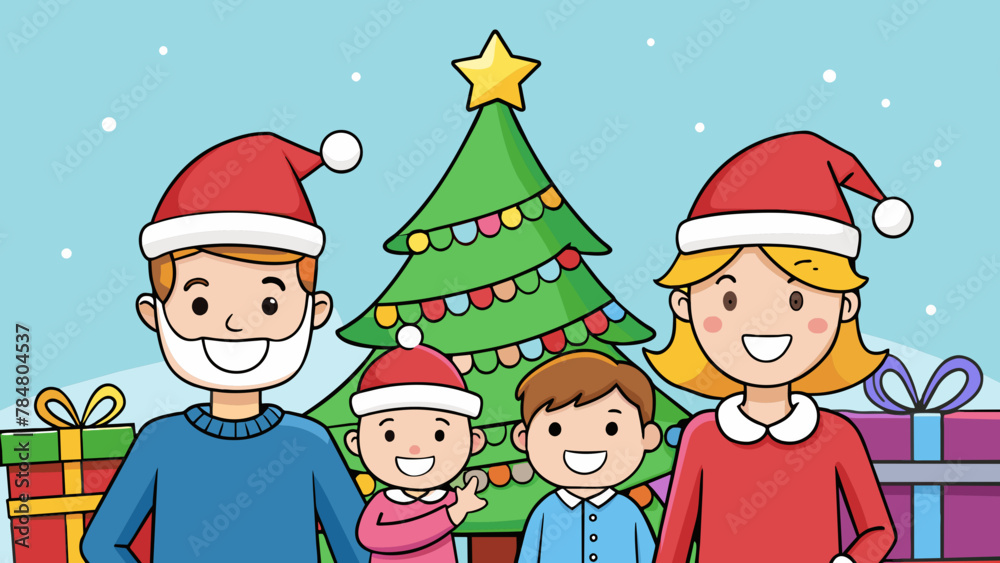 Happy mom dad and kid celebrating Christmas doing vector illustration