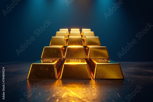 A depiction of a sequence of gold bars growing in size under a spotlight, on a clean dark blue background with space for text