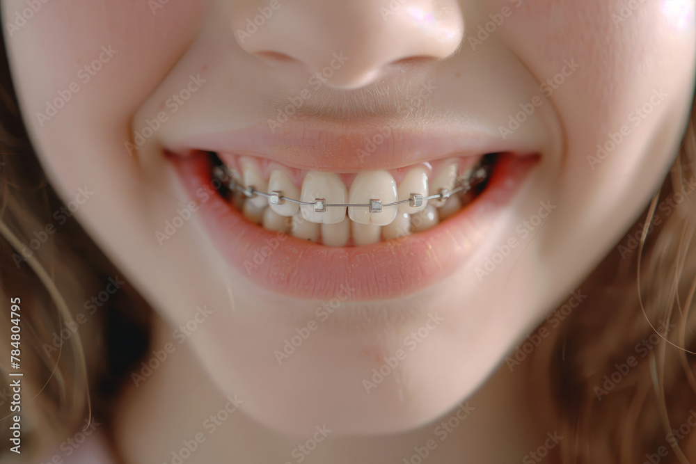 Obraz premium Close up of happy child's smile with healthy white teeth with braces close up with space for text or inscriptions 