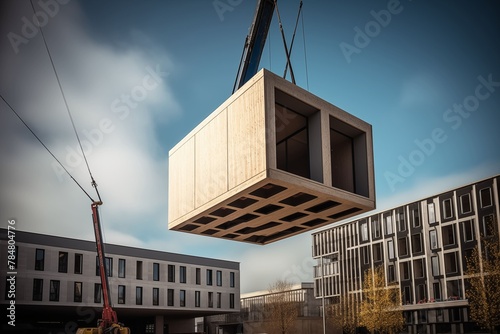 A crane is lifting a wooden structure. The structure is a cube with windows on all sides. The crane is in the background and the sky is blue