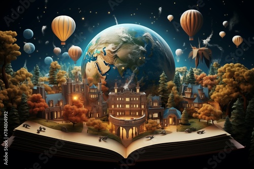 A book is open to a page with a colorful illustration of a planet