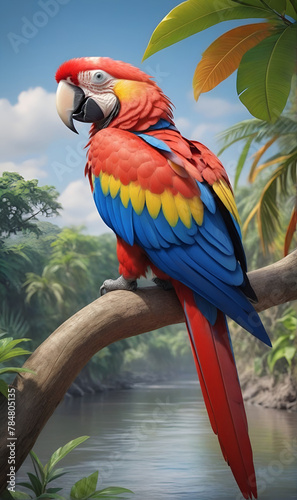 A large multi-colored Makau parrot, sitting on a tree branch by the lake photo