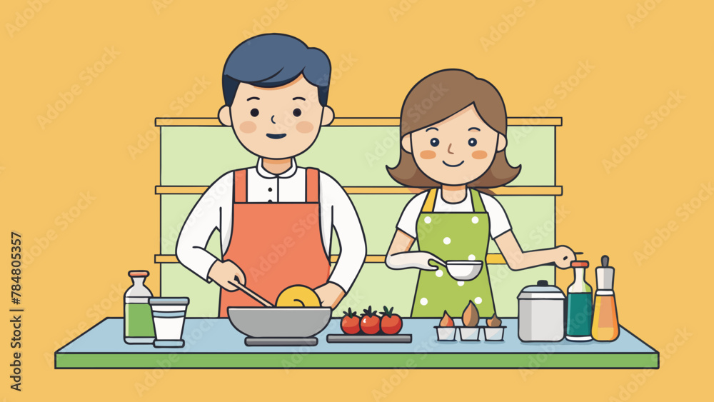 Husband and wife are cooking together vector illustration Husband and wife are cooking together vector illustration