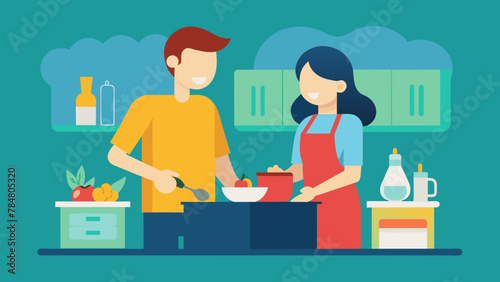 Husband and wife are cooking together vector illustration