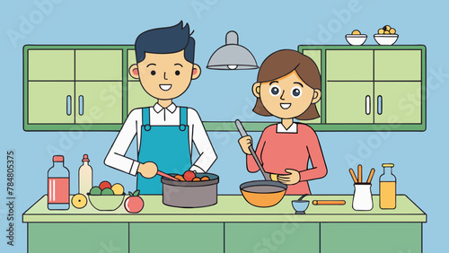 Husband and wife are cooking together vector illustration