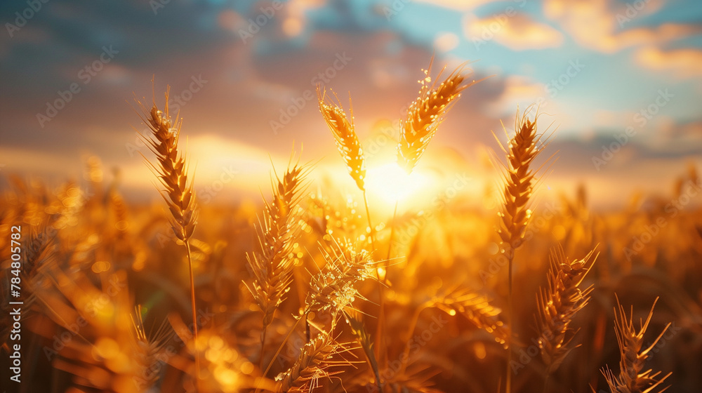 A field of golden wheat with the sun shining on it