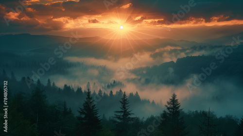 A beautiful mountain range with a sun shining through the clouds