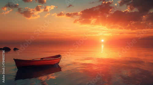 A small boat is floating on the water in front of a beautiful sunset