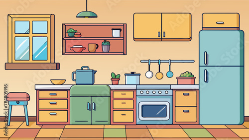  interior of a cozy kitchen with furniture and apple vector illustration  © Shiju Graphics