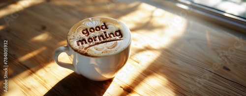 Coffee cup with the words Good morning on top written with cinnamon standing on wooden table, morning lightning with bright sun rays. 