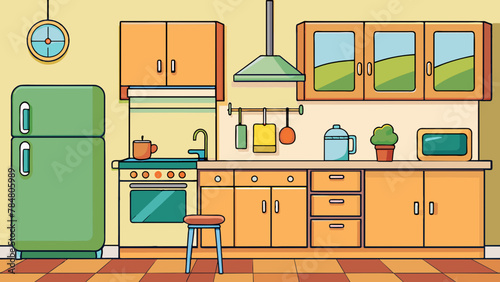  interior of a cozy kitchen with furniture and apple vector illustration 