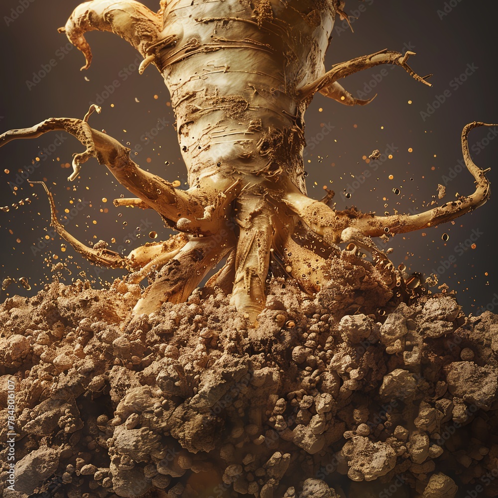 Capture the grandeur of Maca root extract in a low-angle view, highlighting its intricate textures and rich colors through hyper-realistic digital rendering techniques