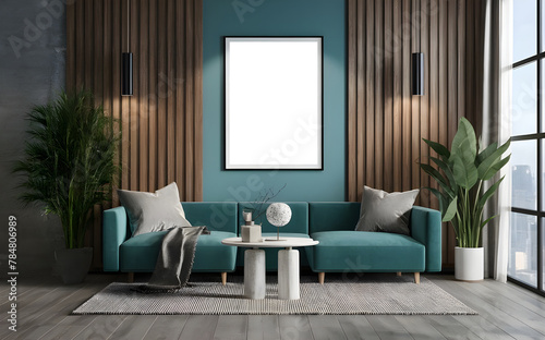 mock up poster frame in modern interior background  living room  Scandinavian style  3D render  3D illustration