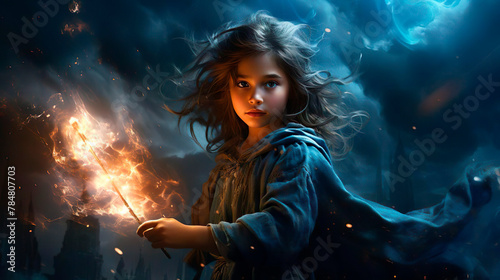 The wizard with a magic wand is ready to fight. Little sorceress princess kid. A militant girl creates a new magical fantastic amazing world. photo