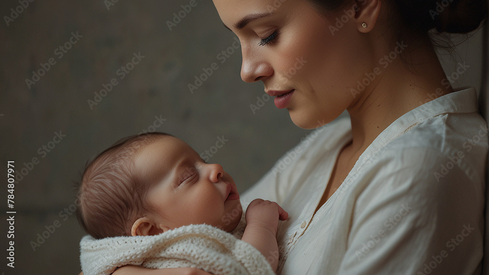 A mother looking at her baby with neutral background. AI generated. - obrazy, fototapety, plakaty 