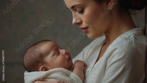 A mother looking at her baby with neutral background. AI generated.