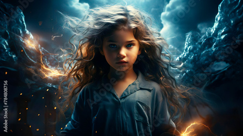 Little angry furious wizard. Magic is in the air. The great little girl sorceress princess kid commands fire. Fantasy concept. Fiction magic tricks. Fantastic world.