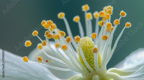 The enlarged tip of a flower stamen with tiny yellow grains ed together like a golden crown. photo