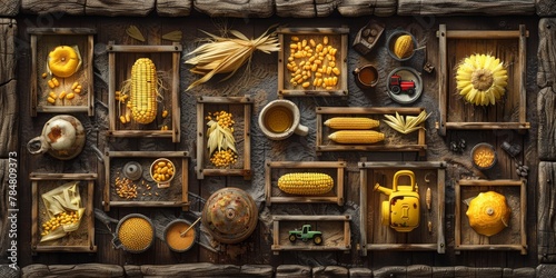 Vintage-style wooden letters spelling IOWA with a collection of corn-themed objects in rustic compartments © Ross